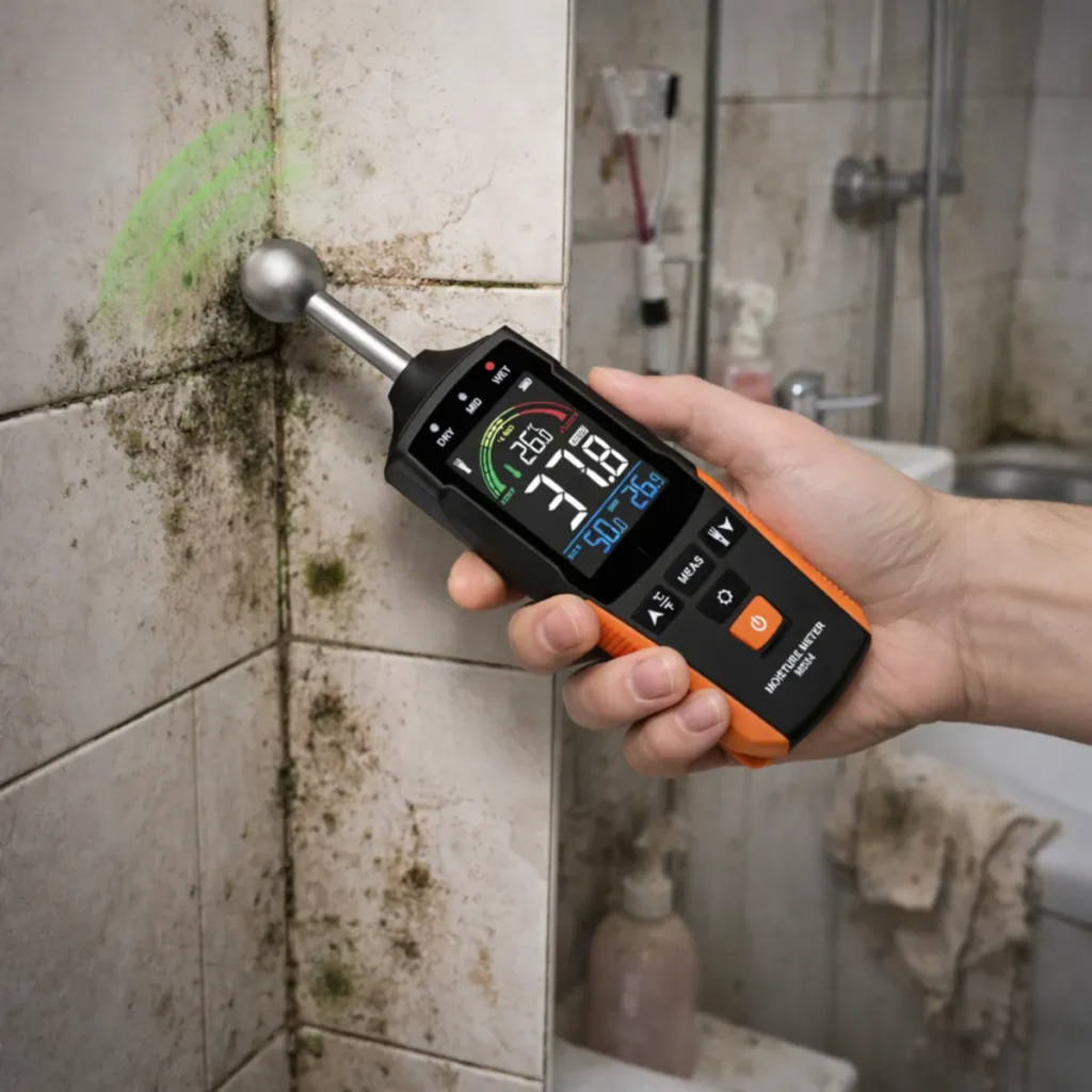 Medición de humedad con hidrómetro en cuarto de baño