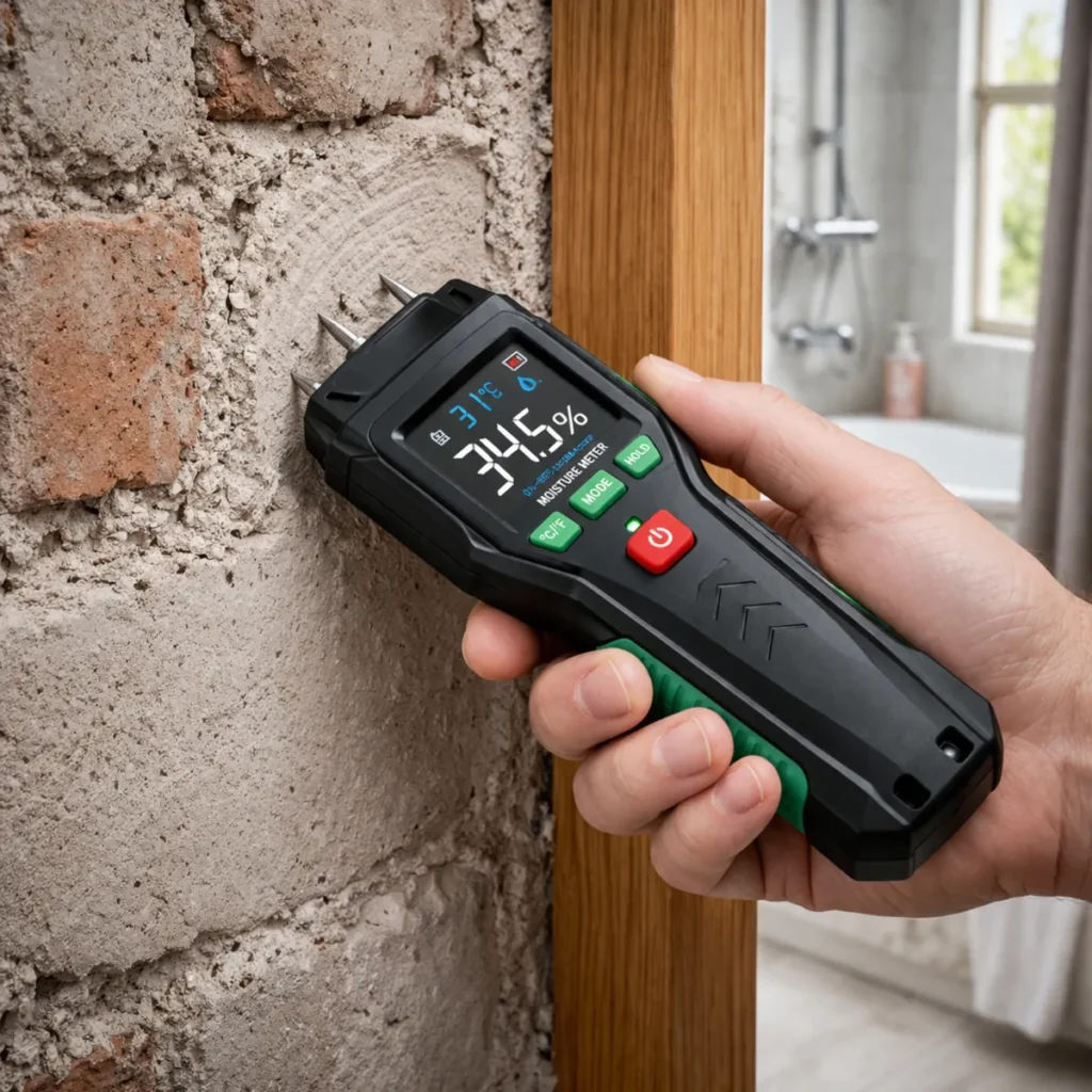 Medición de humedad en paredes de ladrillo con hidrómetro